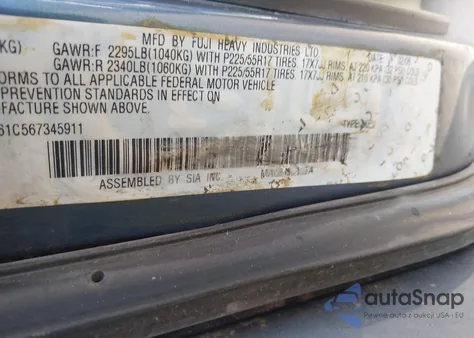 2006 Subaru Outback 2.5I z USA, uszkodzony, nr VIN 4S4BP61C567345911